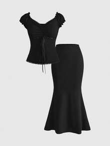 ROMWE Kawaii 女士夏季套装，2件套，V领蝴蝶结装饰撞色波点蕾丝拼接修身衬衫和裙子 - 黑色 - 查看 1