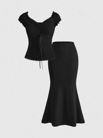 Kawaii 2 Stücke/Set Damen Sommer Outfit, V-Ausschnitt Schleifendekor Kontrast Polka Dot Spitze Patchwork Slim Fit Bluse und Rock