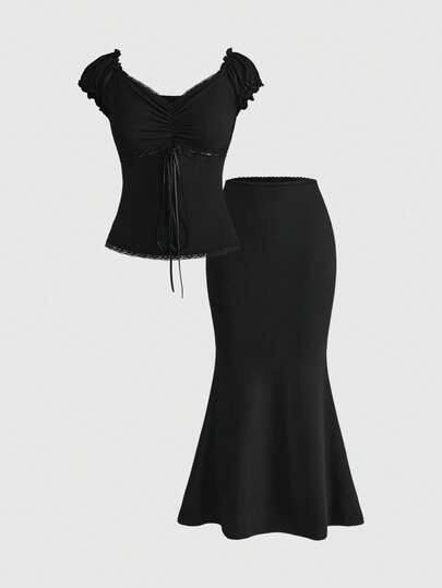 Kawaii 2 Stücke/Set Damen Sommer Outfit, V-Ausschnitt Schleifendekor Kontrast Polka Dot Spitze Patchwork Slim Fit Bluse und Rock