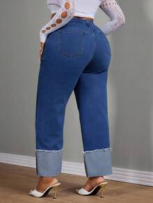 Slaydiva Quần jean ống đứng bó màu xanh phong cách cowgirl cho nữ cỡ lớn, viền cuộn, mùa thu - Rửa trung bình - Xem 2