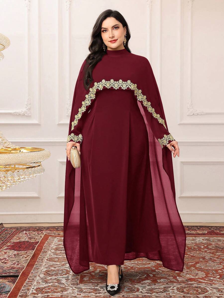 Modelyn Bộ áo choàng và váy đính vải trang trí cỡ lớn bằng tiếng Ả Rập dành cho nữ - Màu Đỏ Sâu - Xem 1
