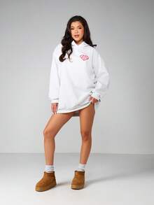 Missguided x Playboy 爱心印花超大款连帽连衣裙，迷你裙长，长袖，舒适修身，休闲情人节套头卫衣裙 - 淺灰色 - 查看 3