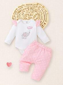 SHEIN 2023 Baby Girls Autumn/Winter 3pcs Newborn Outfit Set, Cute Elephant Cartoon Print Bodysuit, Polka Dot & Heart Design Pants And Headband, Casual Basic Practical Versatile - Pink - View 4