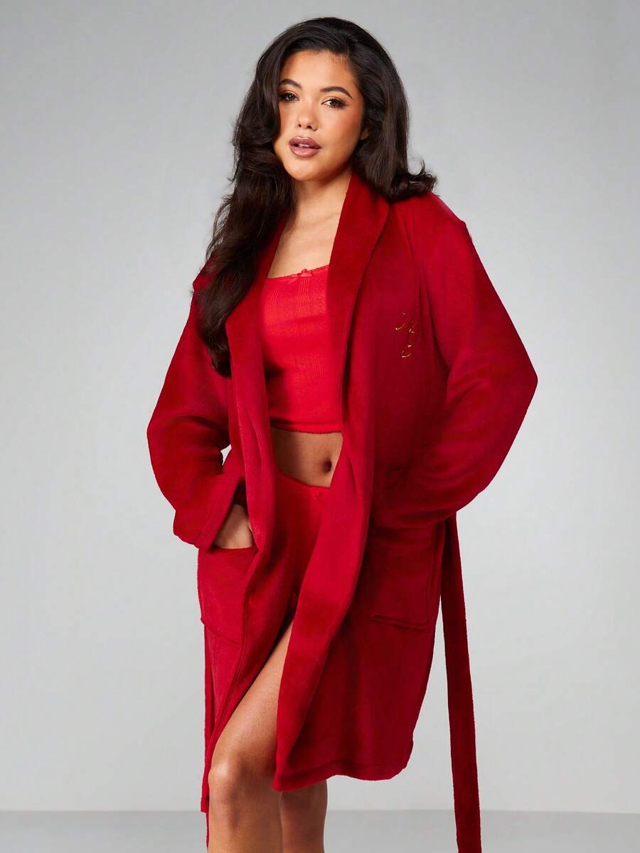 MISSGUIDED 奢华长袖系腰柔软针织睡袍，配有腰带，适合假日冬季居家休闲穿着，舒适保暖。 - 紅色 - 查看 1