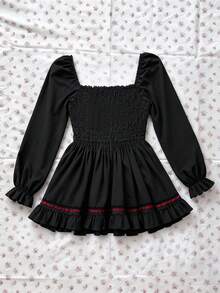 Sunspun Plus Size Vintage Square Collar Front Tie Waist Long Sleeve Shirt - Black - View 2