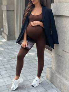 SHEIN Maternity Solid Color Camisole Jumpsuit - Brown - View 3