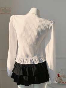 Comfortcana 女士休闲度假风纯色纹理面料V领前系带娃娃衫，春夏秋季新年女士白色长袖衬衫，白色衬衫 - 白色 - 查看 2