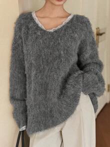 Dazy-Less Women's V-Neck Long Sleeve Loose Fuzzy Sweater, Autumn/Winter - Grey - View 8