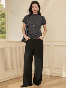 Dazy-Less Pulover pentru femei, casual, de zi cu zi, simplu, cu guler înalt, mânecă scurtă, cu model încrețit, toamnă/iarnă - Gri - Vizualizare 3