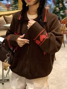 DAZY Women's Collared Tie-Front Cardigan With Bow Accent, Autumn/Winter School Vacation - Coffee Brown - View 5