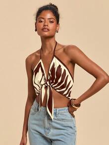 Travachic Áo ba lỗ in họa tiết dệt màu tương phản thời trang cổ điển dây mảnh buộc dây mảnh cho nữ - màu nâu - Xem 5