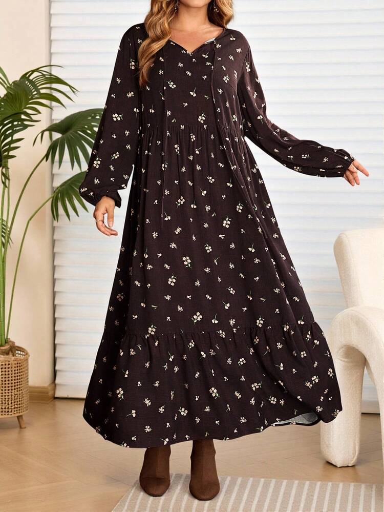 Plus Size Women's  Casual Vacation  Country Floral Print Drawstring Neck Long Sleeve  Brown Long Dress  Dress,Floral Dress For Women, Long Casual Dress, Long Boho Dress,, Dress,Floral Dress For Women,Going Out Outfits, New Clothes,Simple And Fashionable For Everyday Wear, Plus Size ,New Year Dress,Comfortable And Breathable,Flowy Dress, Outfit For Women ,New Year Clothes,Modest Dress For Women,Thanksgiving Outfit For Women,Flower/Spring/Summer