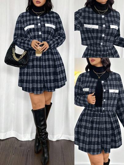 Firerie Plus Size Women's Elegant Commuter Workwear Sophisticated High-End Afternoon Tea Slightly Sexy Date Music Concert Collegiate Vintage Black & White Plaid Print Long Sleeve Jacket & Pleated Mini Skirt, Back To School Outfit Flannel Wednesday Addams In Fall/Winter Skirt And Jacket Set 2 Piece Sets Ladies Plaid Two Piece Set Blazer Skirt Set Tweed Two Piece Set Shirt And Skirt Set