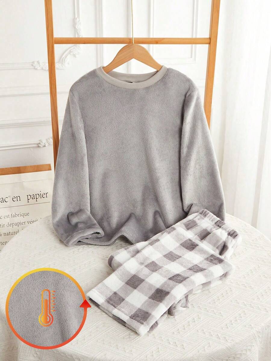 2件套青少年男童休闲格子印花长袖上衣和裤子家居服套装 - 灰色 - 查看 1