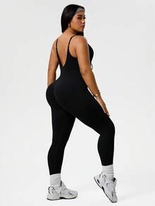 SHEIN Rhythm Era Autumn/Winter Seamless Ribbed Tight Jumpsuit For Women, Versatile Spaghetti Strap Backless Yoga Romper