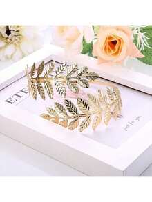 1set Greek Goddess Headband & Armband, Bridal Jewelry Set, Adjustable Roman Laurel Leaf Crown Armlet & Bracelet - Gold - View 2