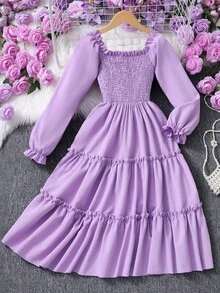 SHEIN Tween Girl Solid Color Square Neck Puff Sleeve Shirred Waist Ruffled Hem French Sweet Midi Dress - Purple - View 4