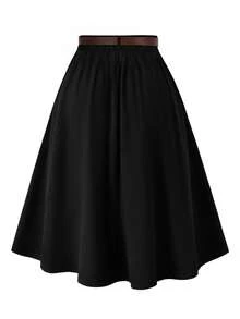 SHEIN Clasi Váy xòe viền bèo màu trơn thời trang thanh lịch cỡ lớn cài nút phía trước - màu đen - Xem 2