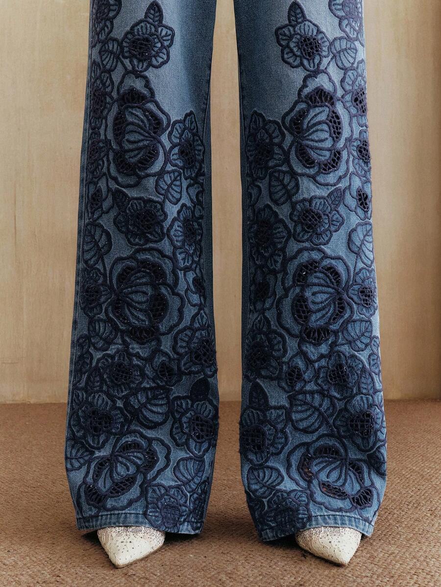 Anewsta Fashionable Embroidered Blue Denim Straight Leg Pants - Blue - View 1