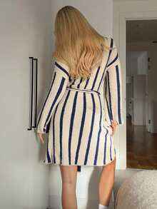 DAZY Women's Fleece Striped Jacquard Knit Mid-Length Fluffy Robe, Winter Sleepwear - Blue - View 2