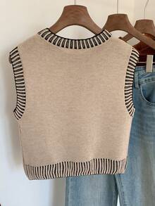 Comfortcana 女士休闲日常通勤校园风撞色滚边宽松针织背心，秋冬款 - 杏色 - 查看 2