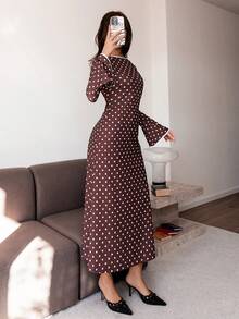 Siren Gaze 女士波点印花露背系带长袖连衣裙 - 棕色 - 查看 4