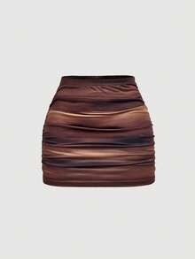 SHEIN MOD 2pcs Women's Casual Minimalist Ruched Bodycon Mini Skirt Set - Coffee Brown - View 7