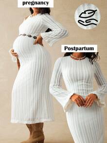 SHEIN Elegant White Silky Maternity Solid Color Bell Sleeve Dress,Autumn Pregnancy Clothes For Photoshoot,Holiday Wedding Guest New Year Winter Dress - White - View 5