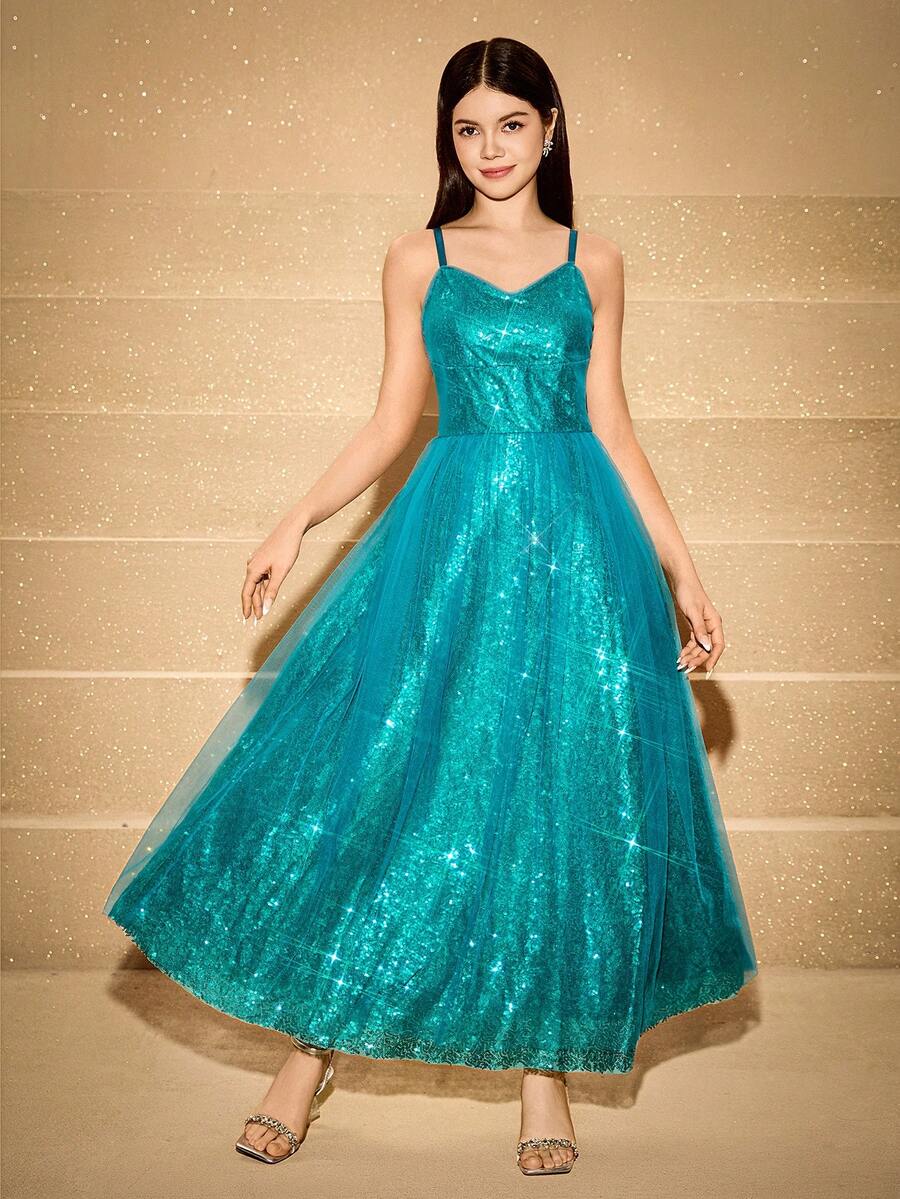 Elegant Sequin Strap Dress For Teenagers, Suitable For Prom, Performance, Banquet, Reception, Art Exhibition, Fashion Events - Green - View 1