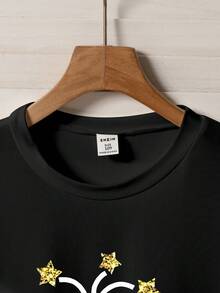 Toddler Boys' Black Short Sleeve T-Shirt, Glitter Numeric & Letter Graphic, Casual & Fashionable For Spring, Summer And Daily Wear - Black - View 5