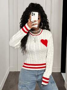 BamGleam Áo len nữ tay dài màu trắng kẻ sọc đỏ cổ tròn in hình trái tim đỏ, thích hợp cho đêm giao thừa, kiểu dáng thường ngày, phù hợp cho các cặp đôi dự tiệc. - trắng - Xem 5