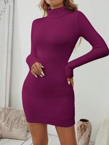 SHEIN Clasi 新款欧美风格休闲时尚舒适合身针织女式套头毛衣裙，厚实保暖内衬，秋冬 - 紫色 - 查看 4