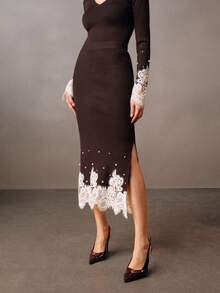 Anewsta Brown High-End Randomly Studded & Lace Trim Fashionable Elegant Fitted Women Sweater Skirt, Winter - Brown - View 4