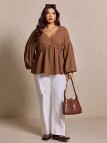 Elaquor 大码女式V领落肩宽松衬衫，休闲百搭，日常棕色衬衫 - 咖啡棕 - 查看 3