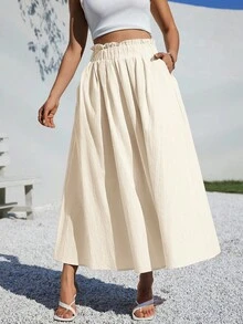 Siren Gaze 夏季女士服装休闲 A 字形亚麻中长裙，适合夏季海滩高腰宽松 - 米色 - 查看 4