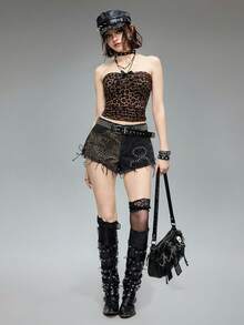 ROMWE Grunge Punk Quần short denim cạp thấp họa tiết da báo vá đính đinh tán phong cách đường phố gợi cảm dành cho nữ Kpop, đi học - Nhiều màu - Xem 2