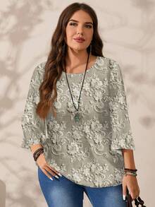 EMERY ROSE 大码女式优雅蕾丝印花宽松圆领七分袖上衣，休闲印花，秋冬款 - 彩色 - 查看 5
