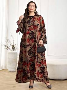 Al Najma 大码女式印花系领长袖宽松阿拉伯风格连衣裙 - 紅色 - 查看 5