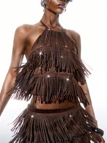 LYSMO Plus Size Sleeveless Casual Rave Party Top With Rhinestone & Tassel Decor, Suitable For Music Festivals In Spring/Summer - Brown - View 1