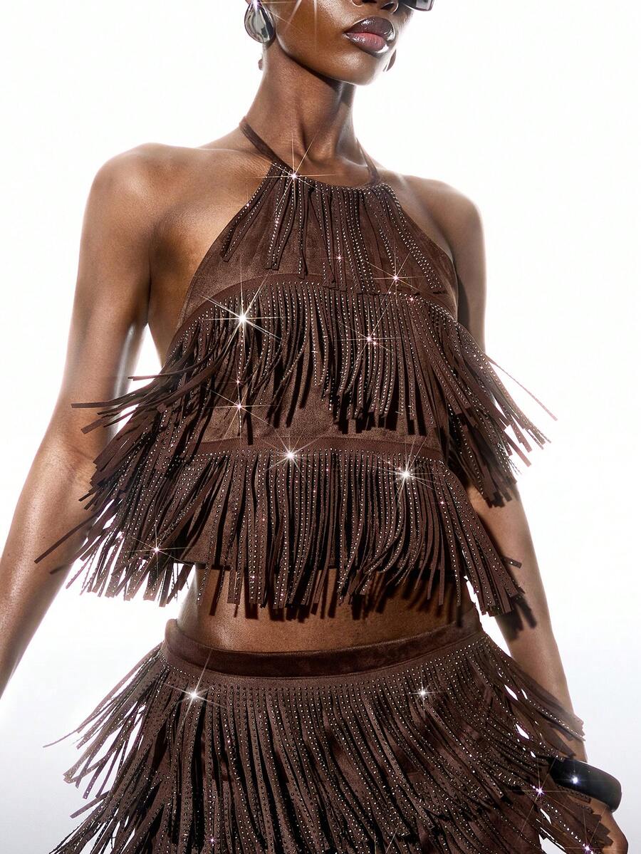 LYSMO Plus Size Sleeveless Casual Rave Party Top With Rhinestone & Tassel Decor, Suitable For Music Festivals In Spring/Summer - Brown - View 1