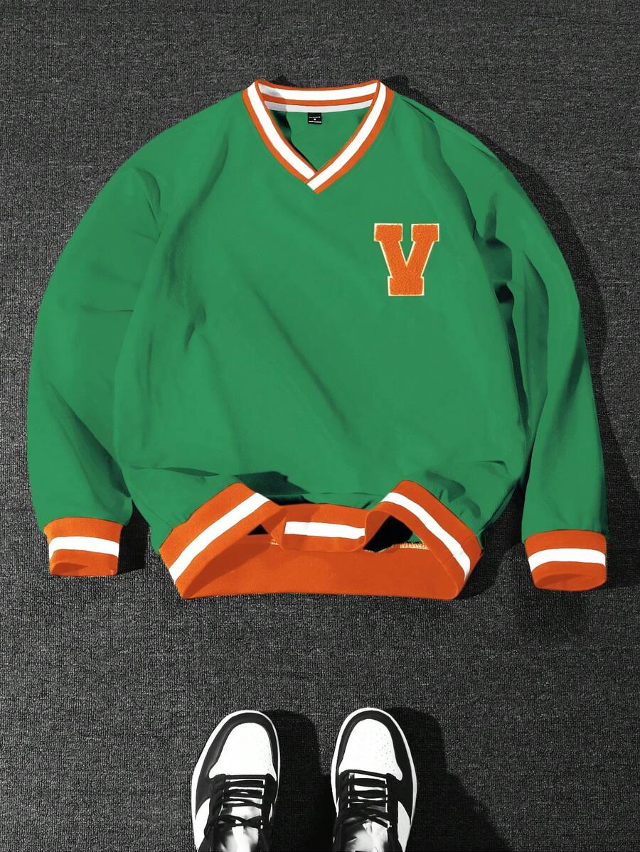 Manfinity Campus Court 美学帖——男士休闲宽松V领卫衣 男士Y2K服装 Y2K穿搭 Y2K运动服 男士球衣 Y2K - 薄荷綠 - 查看 1