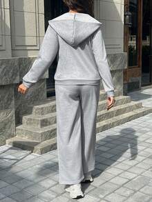 SHEIN 2pcs Maternity Set: Long Sleeve Hooded Jacket With Pocket & Embroidery, Loose Fit Wide Leg Pants - Grey - View 2