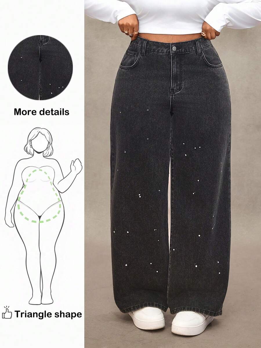 Truni Plus Size High Waist Pockets Casual Straight Loose Fit Versatile Jeans, For Pear Triangle Body Shape - Black - View 1