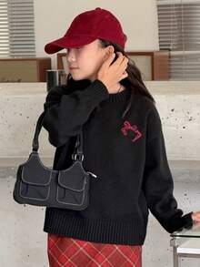 DAZY Tween Girls Round Neck Casual Bow Knit Sweater, Korean Style, Autumn/Winter - Black - View 5