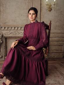 Anewsta Elegant French Style Burgundy Red Dress, Waist Cinched, Slim Fit, Hollow-Out Lace Patchwork, Flared Dress For Women - Dusty Pink - View 1