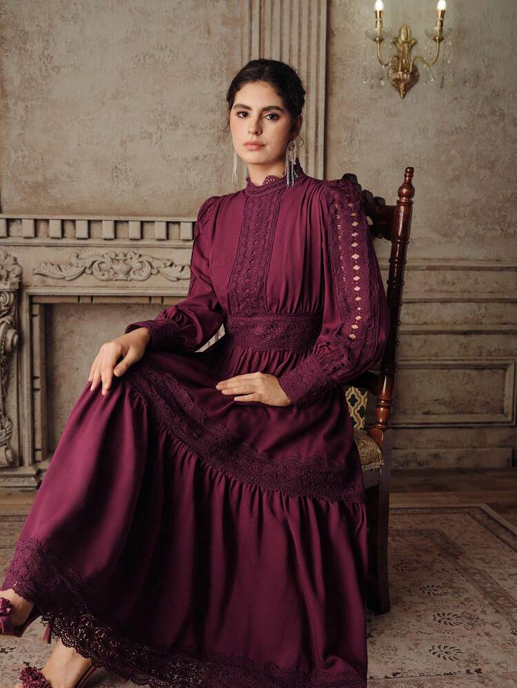 Elegant French Style Burgundy Red Dress, Waist Cinched, Slim Fit, Hollow-Out Lace Patchwork, Flared Dress For Women