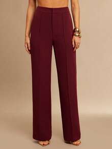 Silquee Celana Panjang Wanita Warna Burgundy Pinggang Tinggi Model Lurus, Celana Panjang Longgar Bergaris-garis Polos Elegan Musim Gugur untuk Makan Malam, Perjalanan, dan Acara Pernikahan - Burgundy - View 1