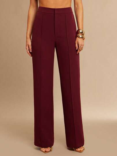 Silquee Women's Red Solid Color High-Waisted Toothpick Striped Straight-Leg Loose Casual Pants For Spring And Summer. Basic And Versatile Suit Pants With An Elastic Waistband At The Back. Comfortable Suit Pants Suitable For Various Occasions, Including Valentine's Day, Commuting, Weddings, Social Events, Date Shirts, Gatherings With Friends, And Shopping. Petite Wide Leg Pants High Waisted Pants Elegant Pants For Women Slacks For Women