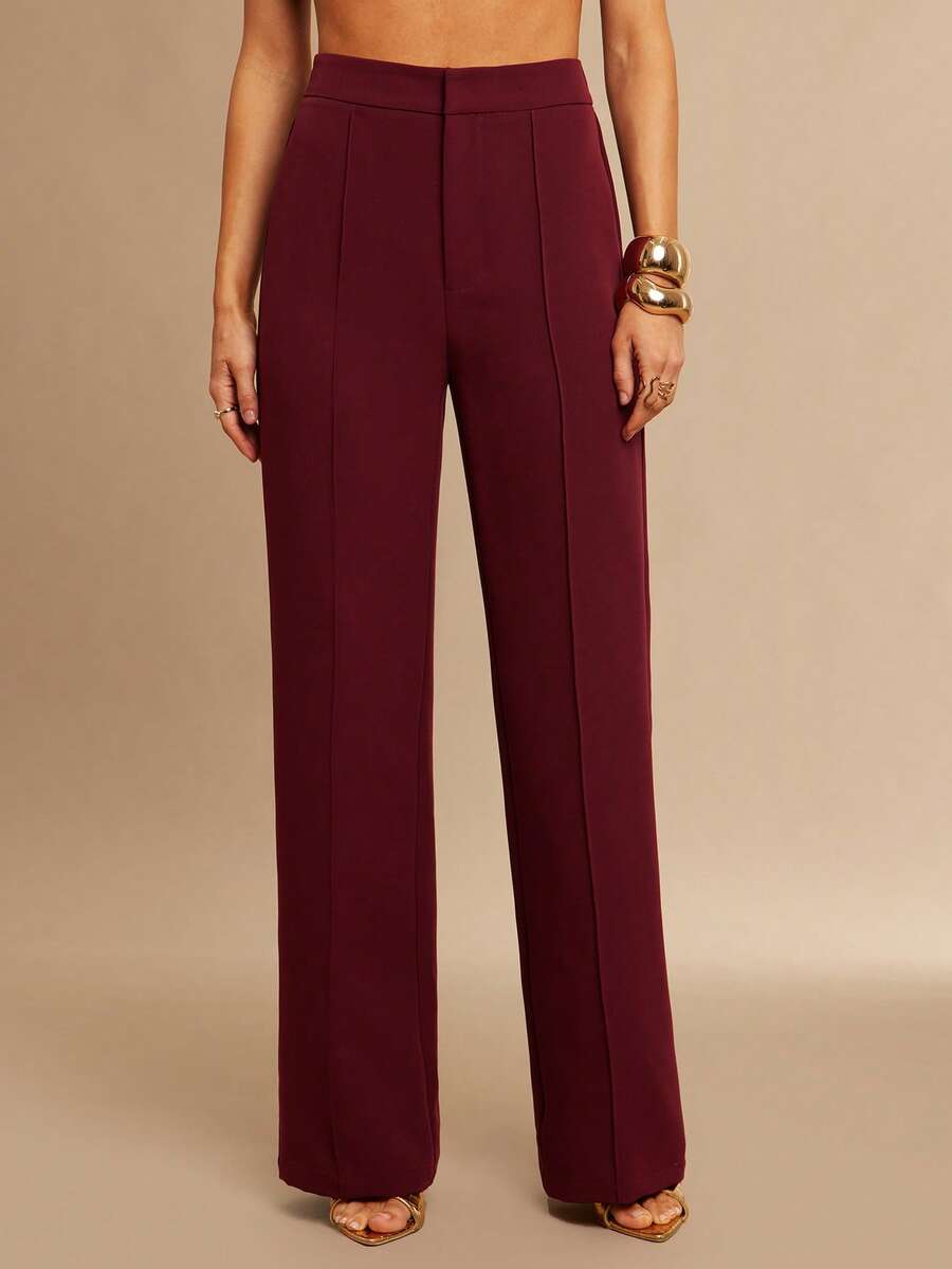 Silquee Celana Panjang Wanita Warna Burgundy Pinggang Tinggi Model Lurus, Celana Panjang Longgar Bergaris-garis Polos Elegan Musim Gugur untuk Makan Malam, Perjalanan, dan Acara Pernikahan - Burgundy - View 1