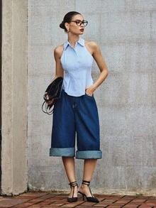 Siren Gaze Trang phục mùa hè cho nữ | Trang phục công sở | Mùa hè châu Âu | Áo sơ mi không tay thắt lưng sọc xanh navy và trắng | Áo Rave lấy cảm hứng từ phong cách Boho cho trang phục đi làm, công sở và lễ hội | Áo sơ mi casual chic 2025 | Trang phục du lịch sân bay, hòa nhạc cho nữ - Màu xanh lam - Xem 4